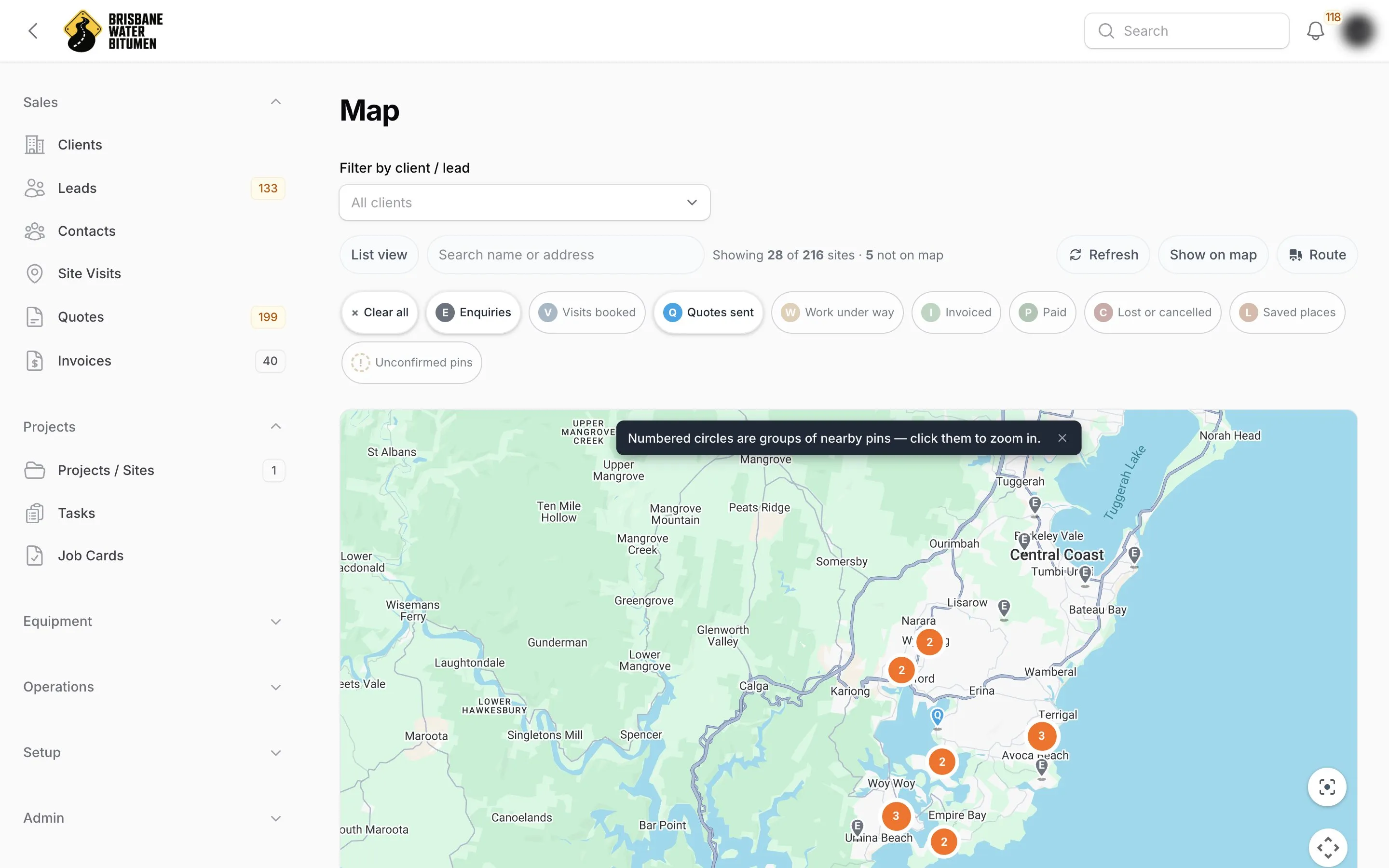 Brisbane Water Bitumen: Every site and pin on one live map: 216 places, filterable by pipeline stage.