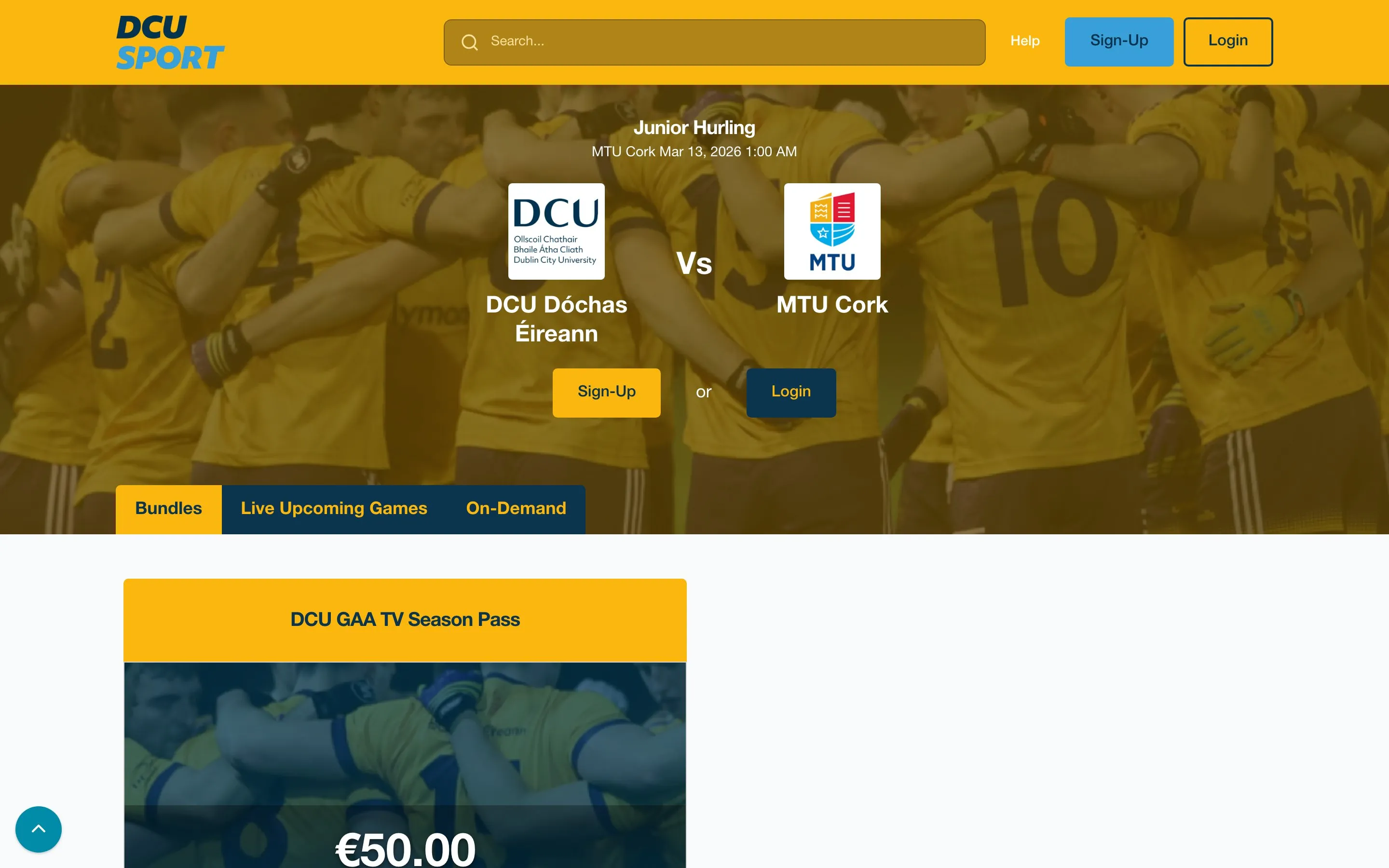 DCU GAA TV (dcugaa.tv): a full white-label broadcasting site running on the Performa TV platform
