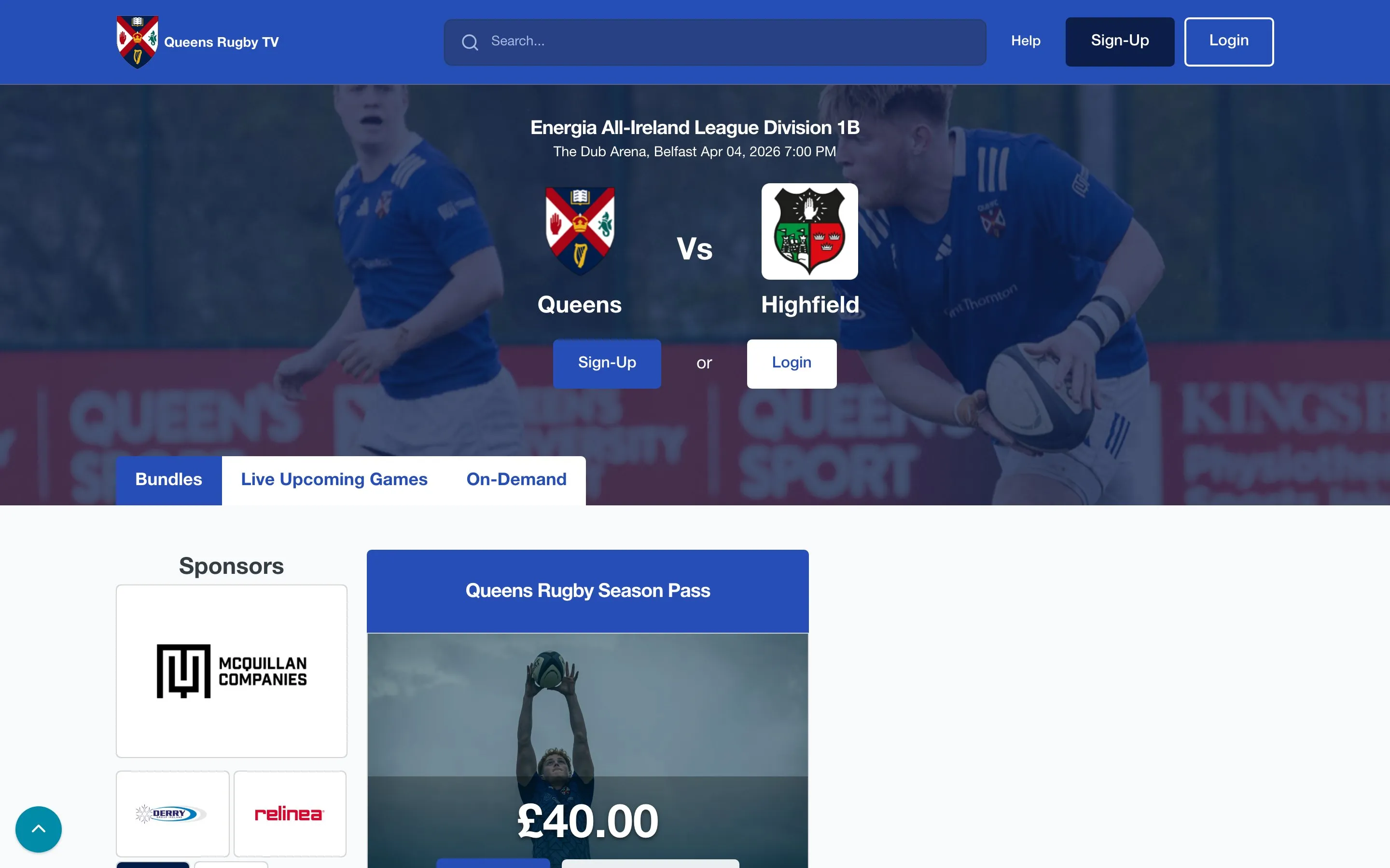 Queens Rugby TV (qubrugby.tv): a full white-label broadcasting site running on the Performa TV platform