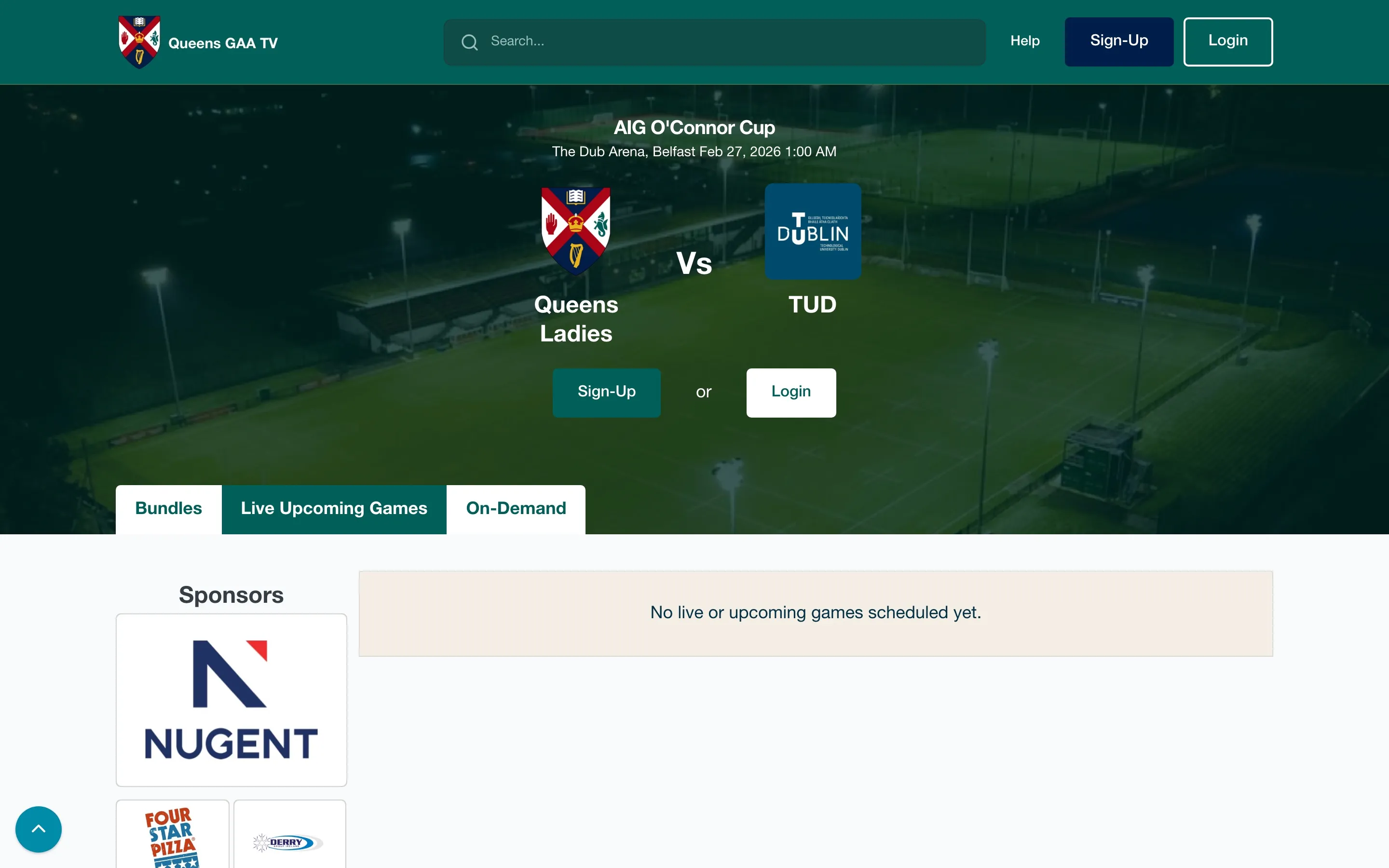 Queens GAA TV (queensgaa.tv): a full white-label broadcasting site running on the Performa TV platform