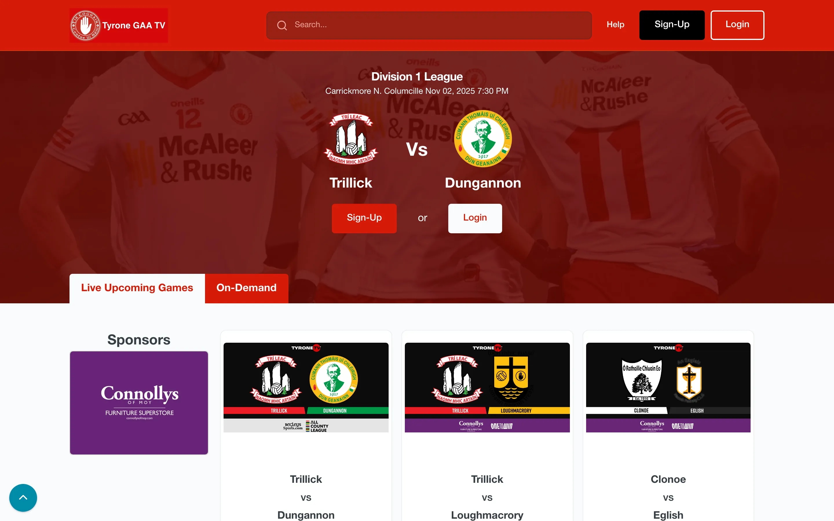 Tyrone GAA TV (tyronegaa.tv): a full white-label broadcasting site running on the Performa TV platform