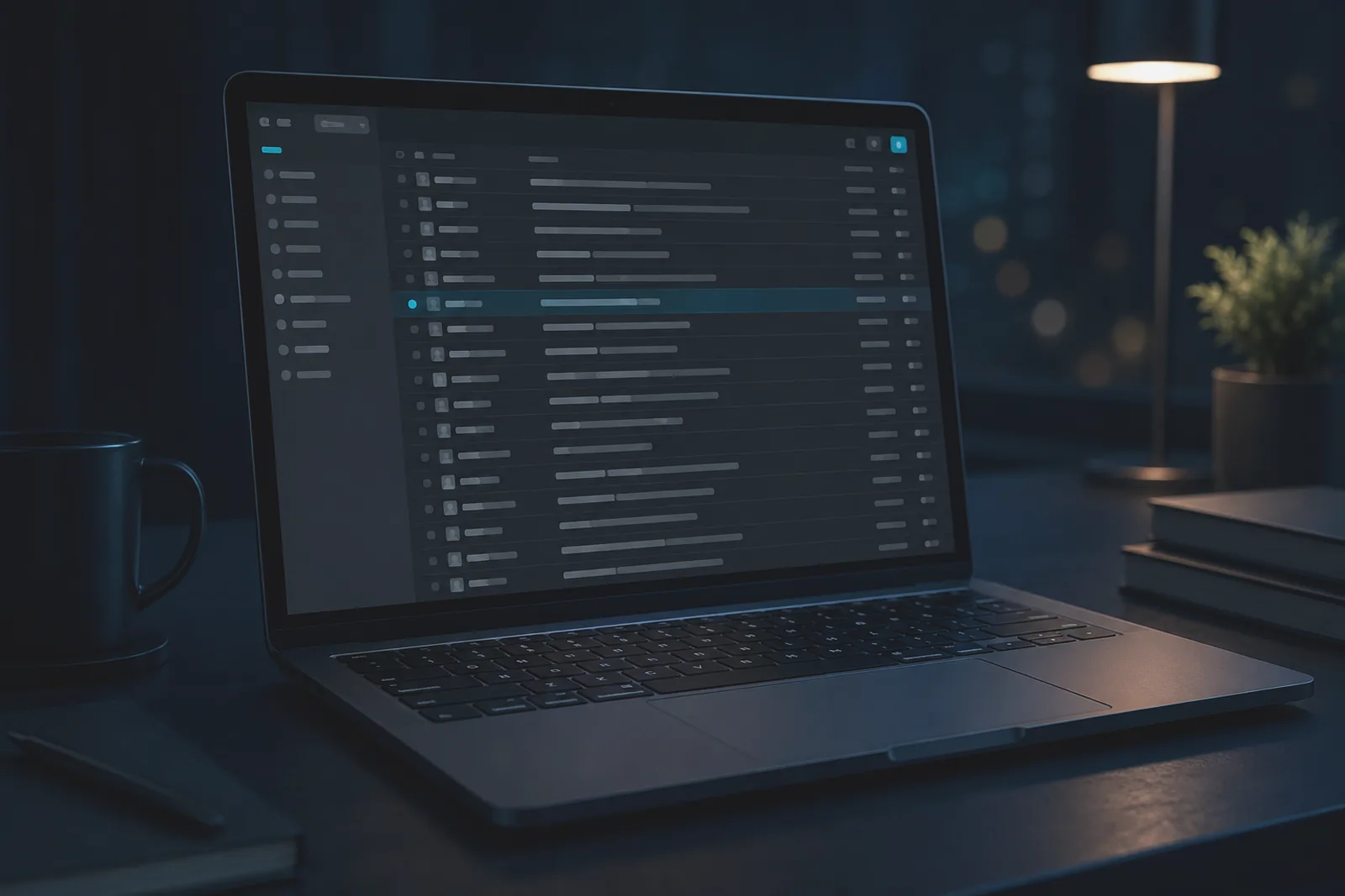 Hands typing on a laptop in a dark room